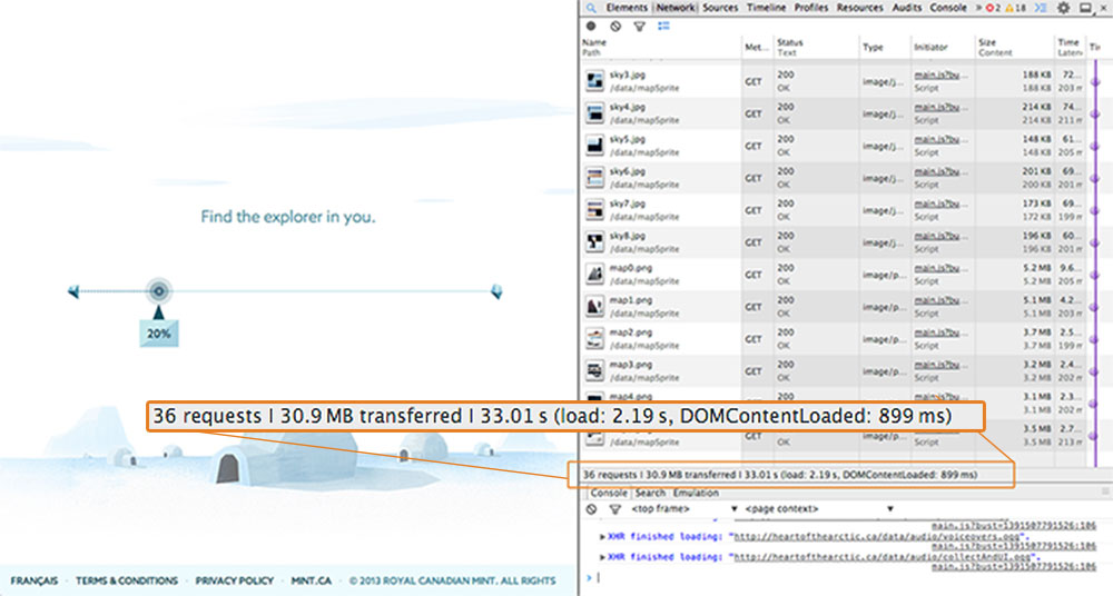 Image showing the network results after 20% of the page has loaded of the Heart of the Arctic website