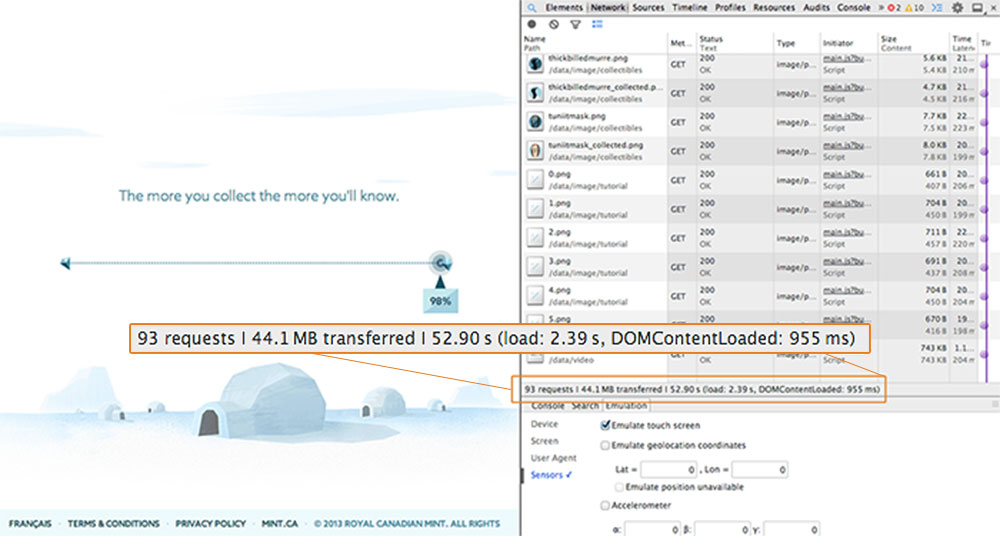 Image showing the network results after 98% of the page has loaded of the Heart of the Arctic website